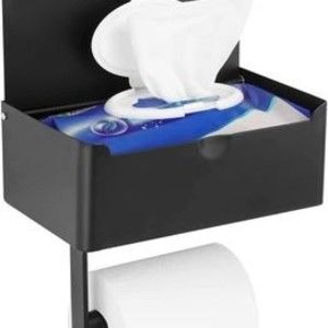 Black Toilet Paper Holder With Lid Dispenser Phone Shelf Adhesive or Screw NEW